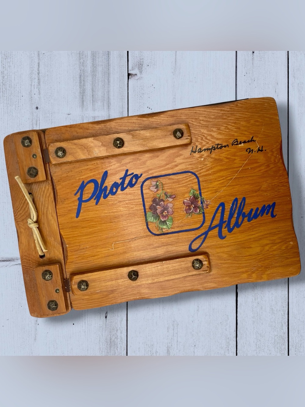 Vintage Wood Photo Album Souvenir Hampton Beach, NH 8” X 12” Original Pages